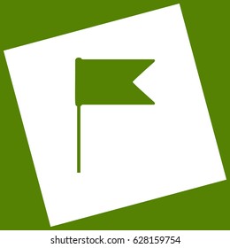 Flag sign illustration. Vector. White icon obtained as a result of subtraction rotated square and path. Avocado background.