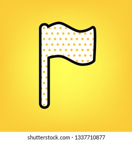 Flag sign illustration. Vector. Yellow polka dot white icon with black contour at warm yellow background.