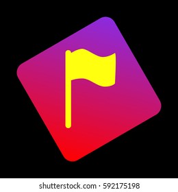 Flag sign illustration. Vector. Yellow icon at violet-red gradient square with rounded corners rotated for dynamics on black background.