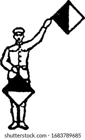 Flag signal, signal for the letter E, or number 5, a man two flags, left side flag up in the air, another in center of his body, vintage line drawing or engraving illustration