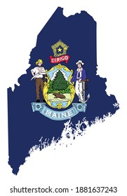 flag and silhouette of the American state of Maine vector illustration