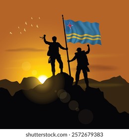  flag, silhouette of two climbers holding flags at sunset