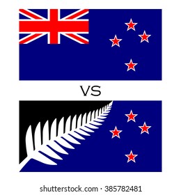 Flag with silver fern and four stars and flag with union jack. Vector illustration. Isolated on white.