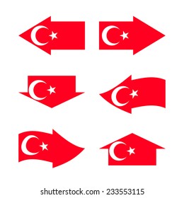Flag of the Singapore country in the form of  pointer. Arrows colors of the State. Infographics. Travel and Tourism. Info. Vector. Icon.