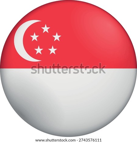 Flag of Singapore. Glossy circular flag. Button appearance. 3D Icon Design with depth. Professional, tactile look. Perfect for representing national identity in digital interfaces and perfect for websites