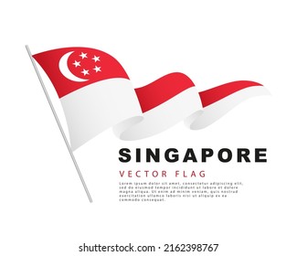 The flag of Singapore hangs on a flagpole and flutters in the wind. Vector illustration isolated on white background. Colorful Singaporean flag logo.