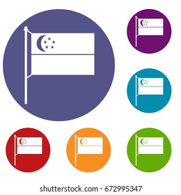 Flag of Singapore icons set in flat circle reb, blue and green color for web