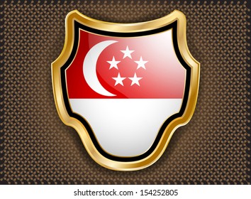 Flag of Singapore inside elegant gold shield on pattern abstract background