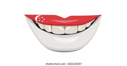 The flag of Singapore on the lips. A woman's smile with white teeth. Vector illustration.