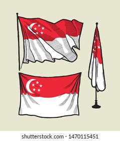 Flag of Singapore on the wind and on the wall - vector illustration set