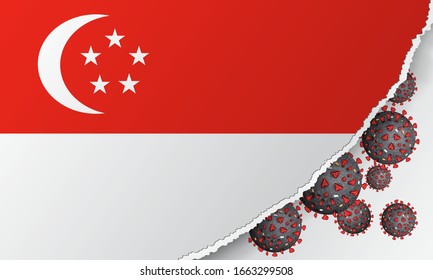 Flagge Singapurs mit Ausbruch tödlichen Coronavirus covid-19. Banner mit der Ausbreitung des Coronavirus 2019-nCoV-Virusstamms. Große Coronavirus-Bakterien auf der Grundlage der nationalen Flagge Singap