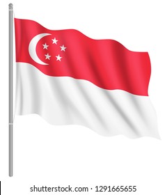 Flag of Singapore with flag pole waving in wind. Vector illustration