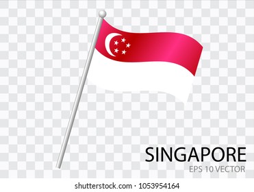 Flag of SINGAPORE with flag pole waving in wind.Vector illustration