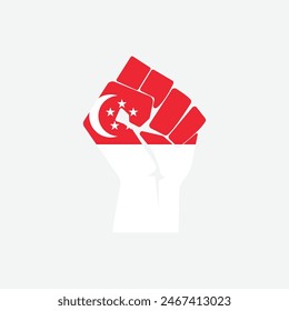 Flag of Singapore in the shape of raised hand sign isolated on background. Fist symbol modern, simple, vector, icon for website design, mobile app, ui. Vector Illustration