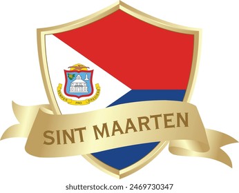 Flag of sint maarten as around the metal gold shield with sint maarten flag