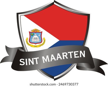 Flag of sint maarten as around the metal silver shield with sint maarten flag