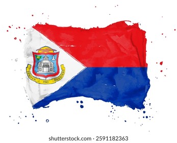 Flag of Sint Maarten brush stroke background.  Flag  Sint Maarten on white background. Watercolor style for your web site design, app, UI. Kingdom of the Netherlands.  EPS10.