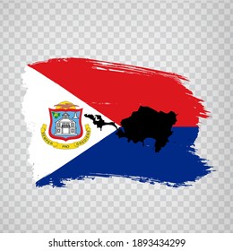 Flag of Sint Maarten from brush strokes. Blank map Sint Maarten. Netherlands. High quality map and flag for your web site design, app  on transparent background. America. EPS10.
