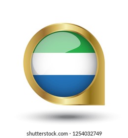 Flag of Sirra Leone, location map pin, pointer flag, button with the reflection of light and shadow, gold frame, Icon country. Realistic vector illustration on white background.