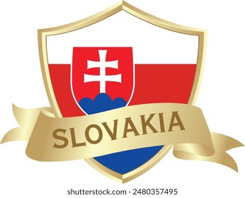 Flag of slovakia as around the metal gold shield with slovakia flag