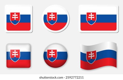 Flag of Slovakia icons collection. Flat stickers and 3d glass vector elements on white background.