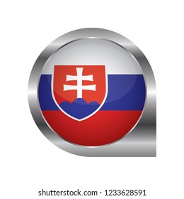 Flag of Slovakia, location map pin, pointer flag, button with the reflection of light and shadow, silver frame, Icon country. Realistic vector illustration on white background.