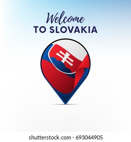 Flag of Slovakia in shape of map pointer or marker. Welcome to Slovakia. Vector illustration.