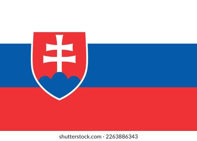 Flag of Slovakia. Slovak tricolor flag with coat of arms (shield with a cross on the mountain). State symbol of the Slovak Republic.