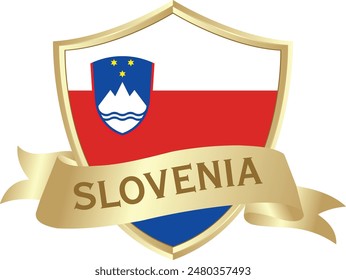 Flag of slovenia as around the metal gold shield with slovenia flag