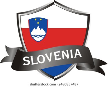 Flag of slovenia as around the metal silver shield with slovenia flag