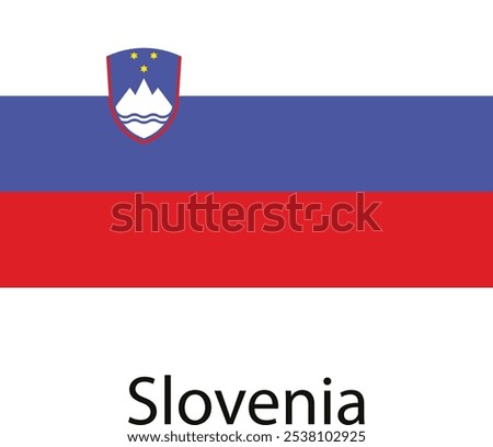 The flag of Slovenia features a white shield with three blue peaks and a blue wavy line representing the Adriatic Sea. The shield is superimposed on a blue, white, and red horizontal tricolor.