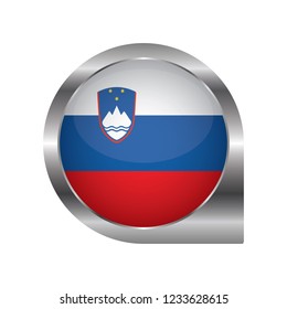 Flag of Slovenia, location map pin, pointer flag, button with the reflection of light and shadow, silver frame, Icon country. Realistic vector illustration on white background.