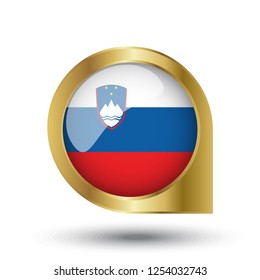 Flag of Slovenia, location map pin, pointer flag, button with the reflection of light and shadow, gold frame, Icon country. Realistic vector illustration on white background.