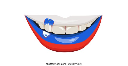 The flag of Slovenia on the lips. A woman's smile with white teeth. Vector illustration