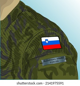 Flag of Slovenia on soldier arm. Slovenian Armed Forces.