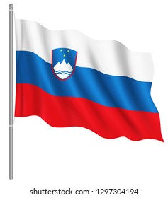 Flag of Slovenia with flag pole waving in wind. Vector illustration
