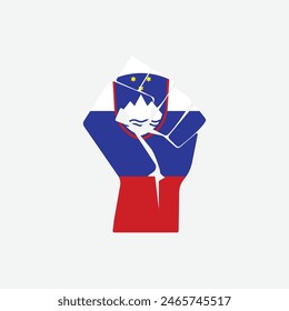 Flag of Slovenia in the shape of raised hand sign isolated on background. Fist symbol modern, simple, vector, icon for website design, mobile app, ui. Vector Illustration