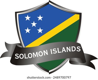 Flag of solomon islands as around the metal silver shield with solomon islands flag