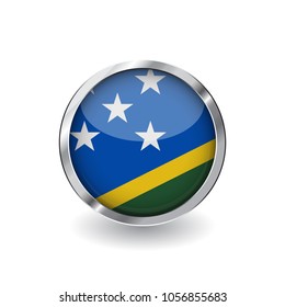 Flag of solomon islands, button with metal frame and shadow. solomon islands flag vector icon, badge with glossy effect and metallic border. Realistic vector illustration on white background.