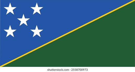 The flag of Solomon Islands consists of a thin yellow diagonal stripe from the lower hoist-side corner, with a blue upper triangle and green lower triangle, and the canton charged with five white star