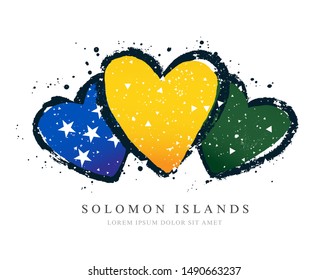 Flag of Solomon Islands in the form of three hearts. Vector illustration on a white background. Brush strokes are drawn by hand. Independence Day.