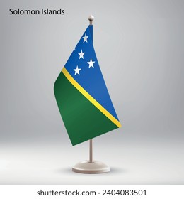 Flag of Solomon Islands hanging on a flag stand. Usable for summit or conference presentaiton