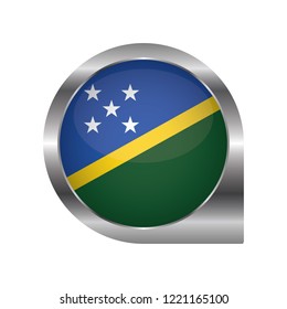 Flag of Solomon Islands, location map pin, pointer flag, button with the reflection of light and shadow, silver frame, Icon country. Realistic vector illustration on white background.