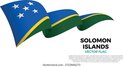 Flagge der Salomonen. Salomonische und polynesische Kultur. Auf sauberem, weißem Hintergrund mit Ländernamen und Kopienraum. Eine leuchtende Vektorfahne, die in drei Ebenen gerendert wird und einen dynamischen Welleneffekt mit realistischen Schatten und Farbverläufen erzeugt. Die eleganten Kurven und realistischen Schattierungen schaffen ein Gefühl der Bewegung und machen es ideal für offizielle Themen, internationale Projekte, Reisematerialien und kulturelle Präsentationen