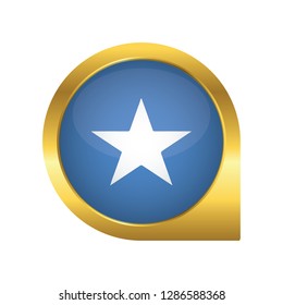 Flag of Somalia, location map pin, pointer flag, button with the reflection of light and shadow, gold frame, Icon country. Realistic vector illustration on white background.