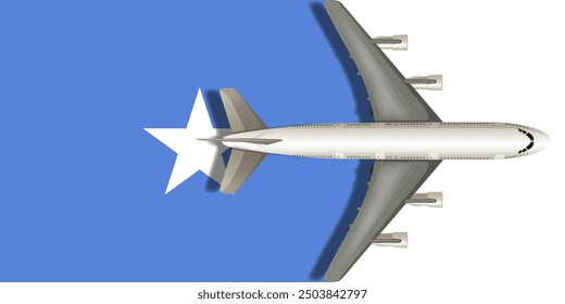 Flag of SOMALIA with a plane flying over it close up. Vector image.