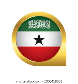 Flag of Somaliland, location map pin, pointer flag, button with the reflection of light and shadow, gold frame, Icon country. Realistic vector illustration on white background.