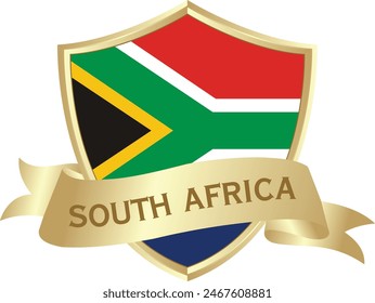 Flag of south africa as around the metal gold shield with south africa flag