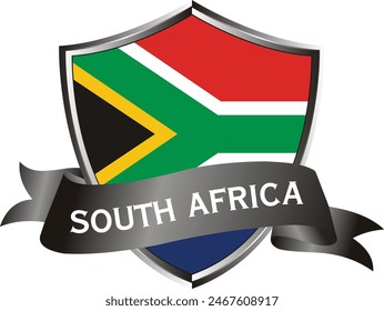 Flag of south africa as around the metal silver shield with south africa flag