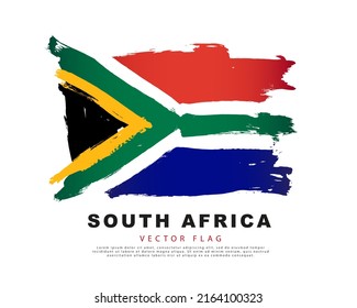 Flag of South Africa. Black, red, blue, green, white and yellow hand-drawn brush strokes. Vector illustration isolated on white background. Colorful South African flag logo.